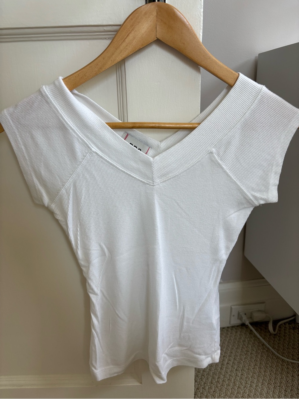BDG White Ribbed V-Neck Short Sleeve Top